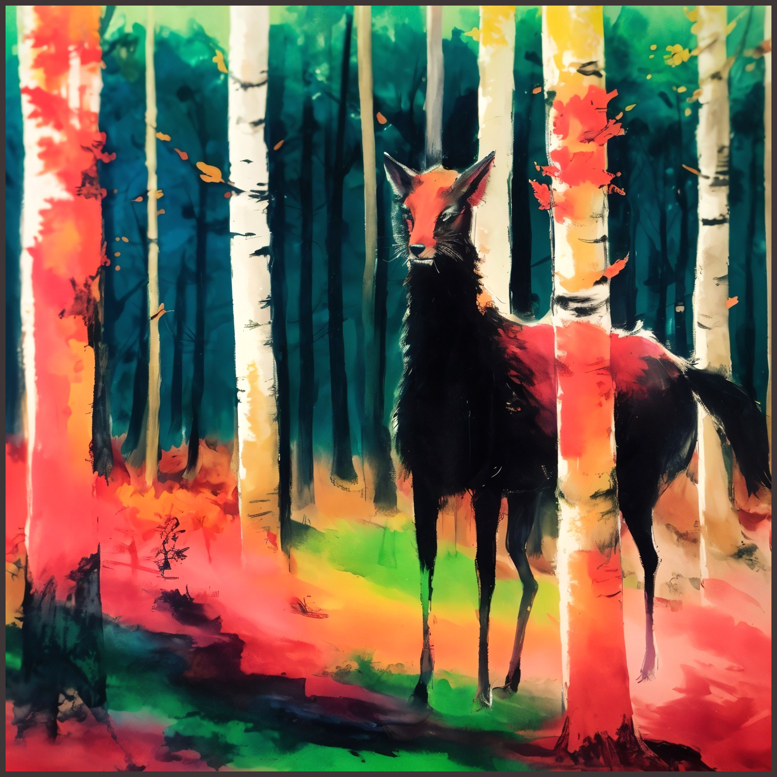 Lone Black Creature Among Colorful Birch Trees