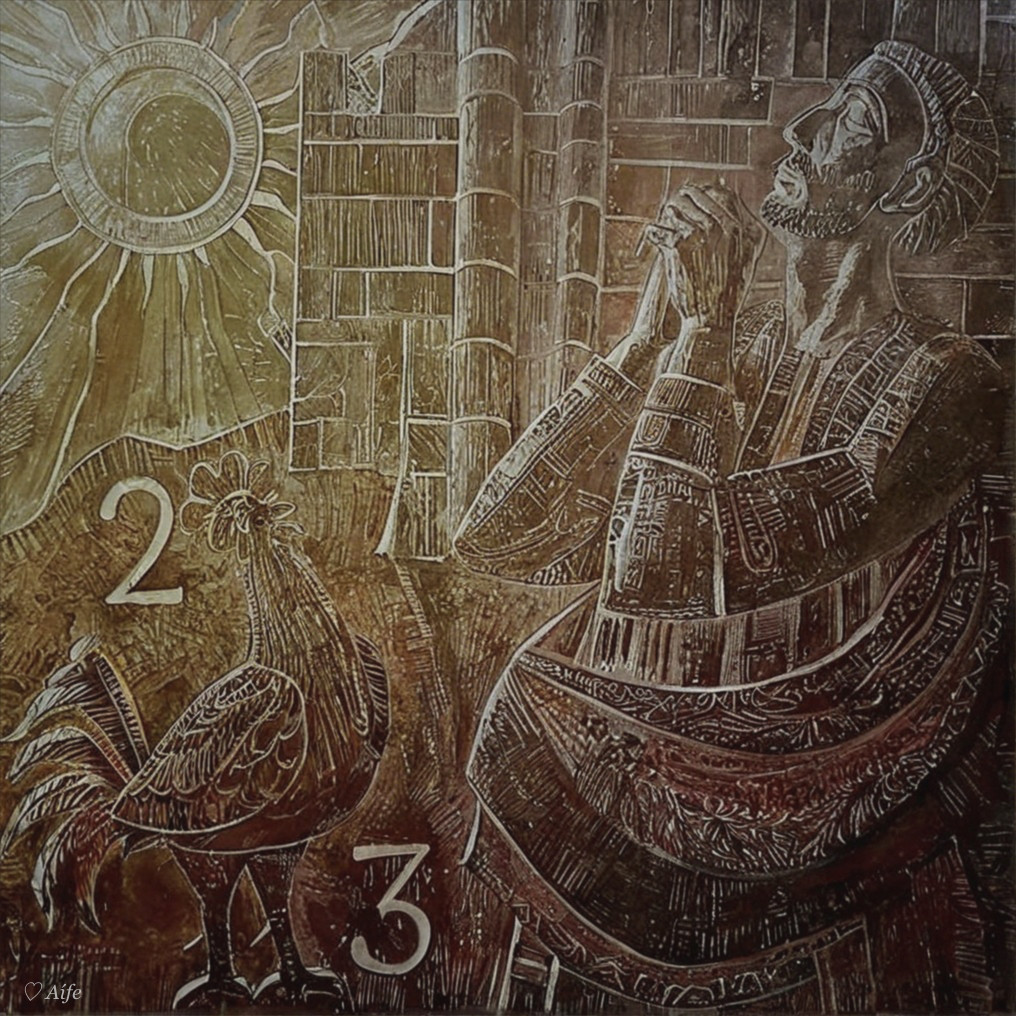 Bronze Relief of a Man in Prayer with Rooster Symbolism