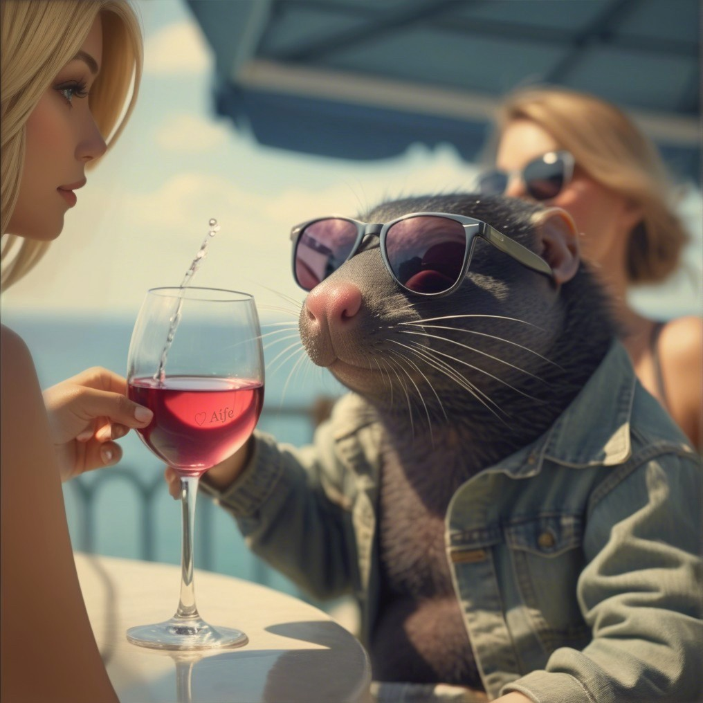Stylish Animal in Sunglasses at Seaside Cafe