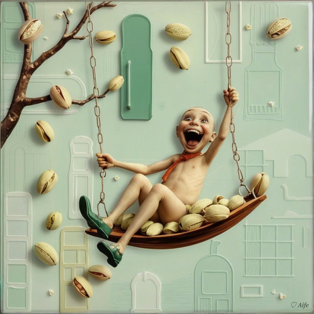 Whimsical Scene of a Child Swinging with Pistachios
