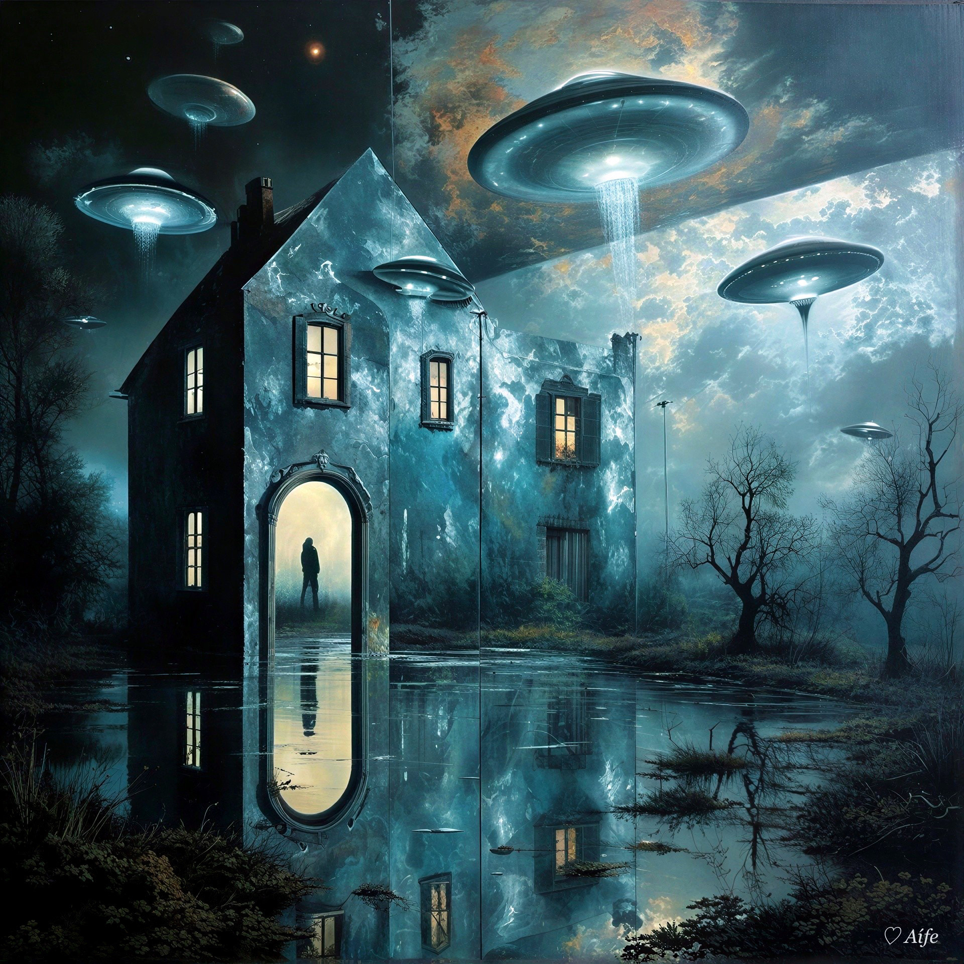 Surreal Abandoned House Surrounded by Water and UFOs