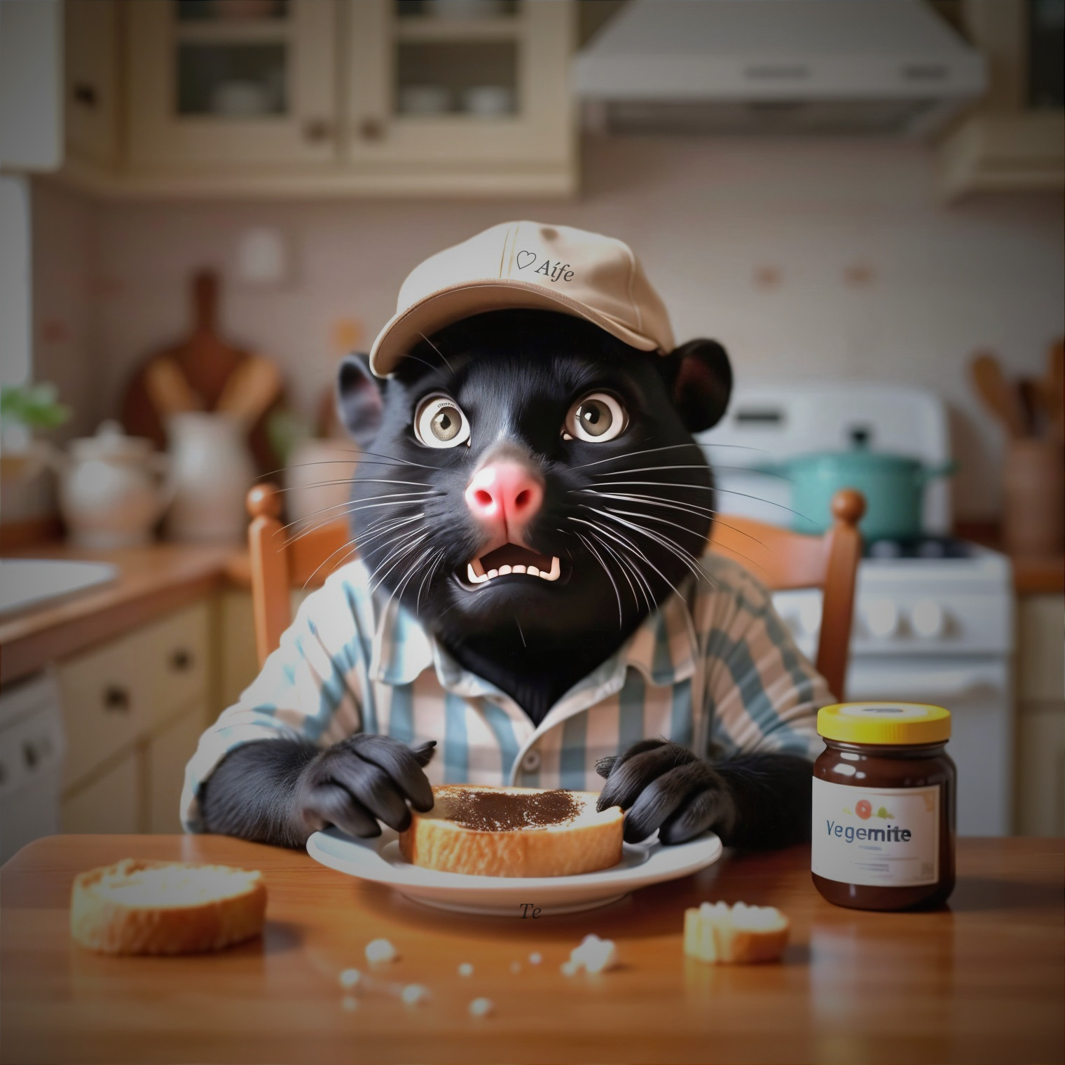 Cartoon Black Cat with Vegemite in Cozy Kitchen Setting