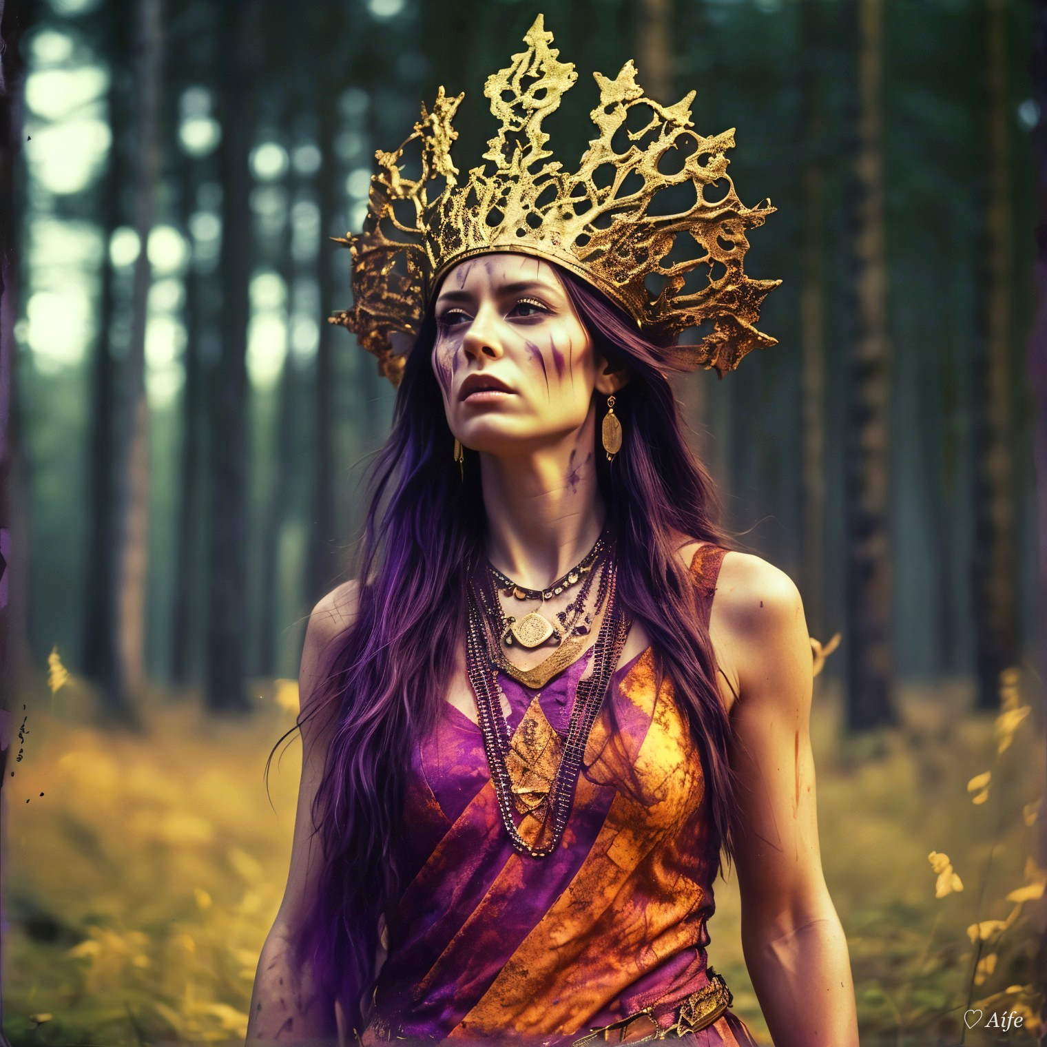 Mystical Figure in Forest with Golden Crown and Purple Hair