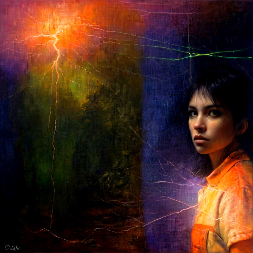 Young girl in orange outfit with dramatic backdrop