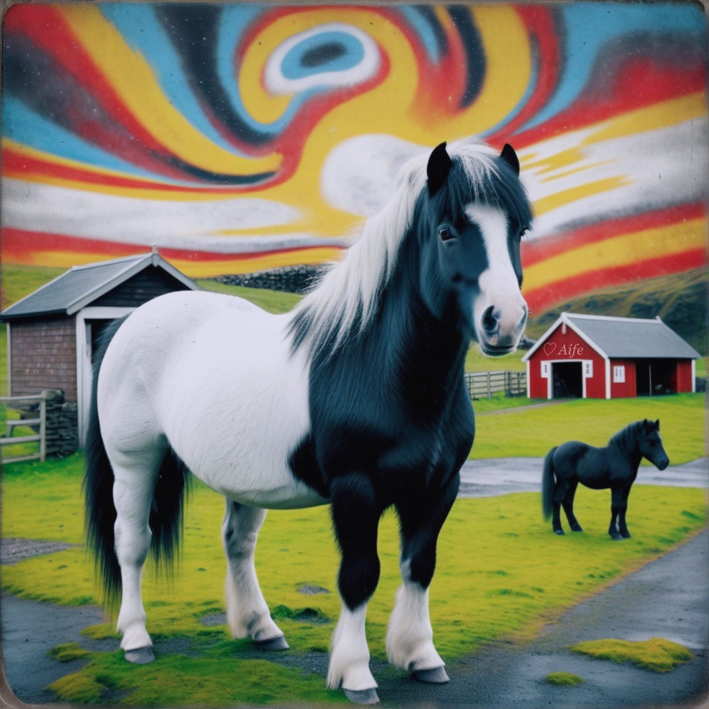 Black and White Horse in a Surreal Landscape Scene