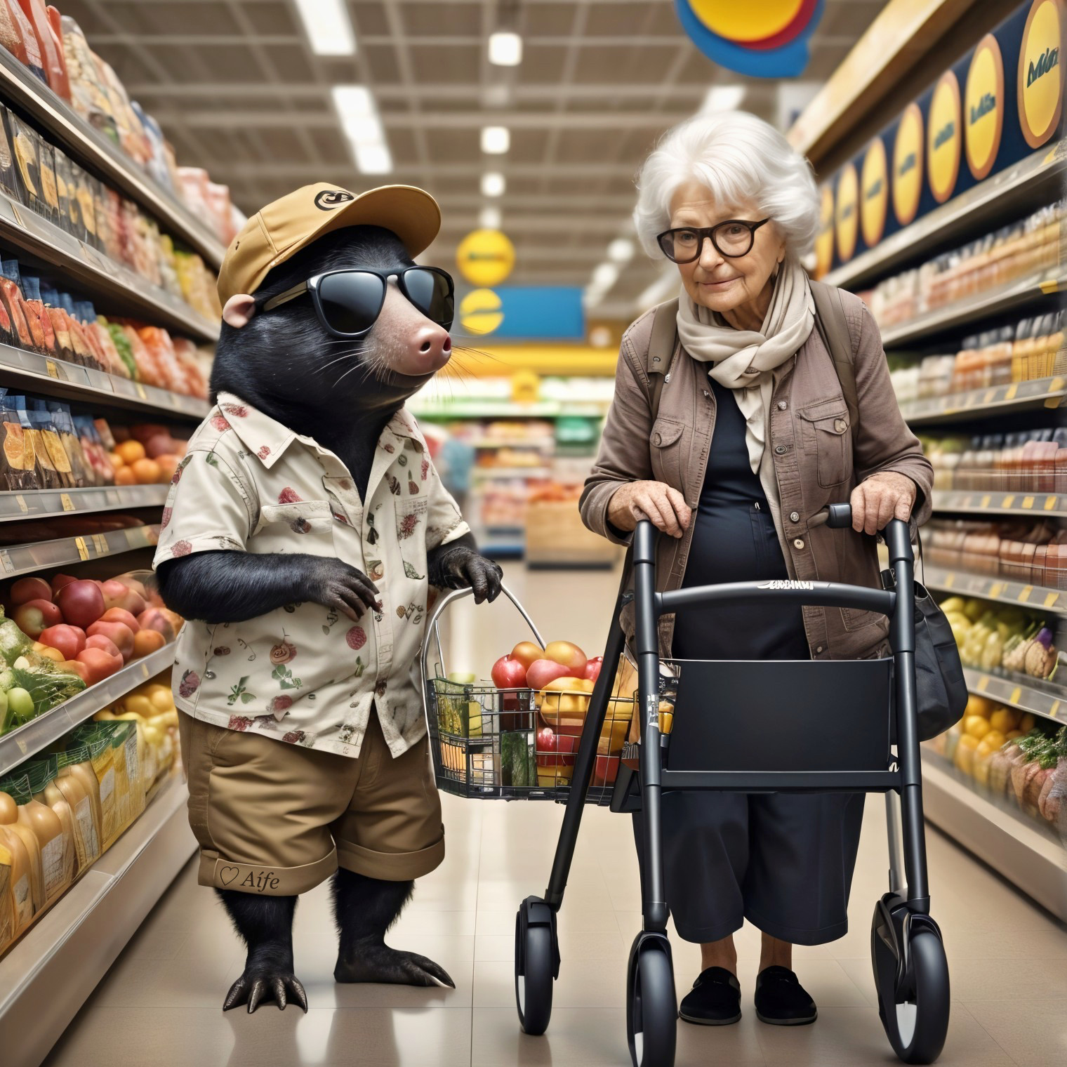 Cartoon Mole and Elderly Woman Shopping Together