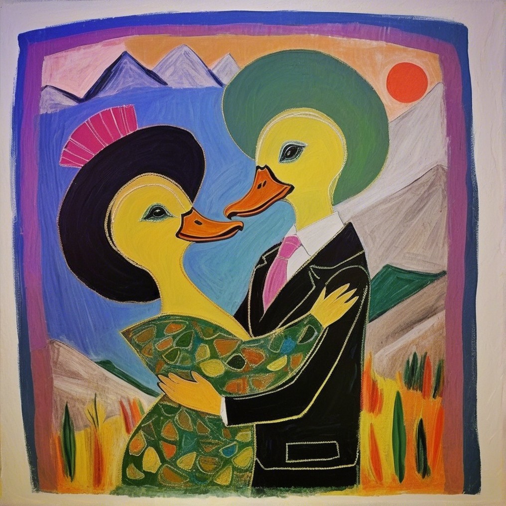 Anthropomorphic Ducks Embracing in Vibrant Landscape