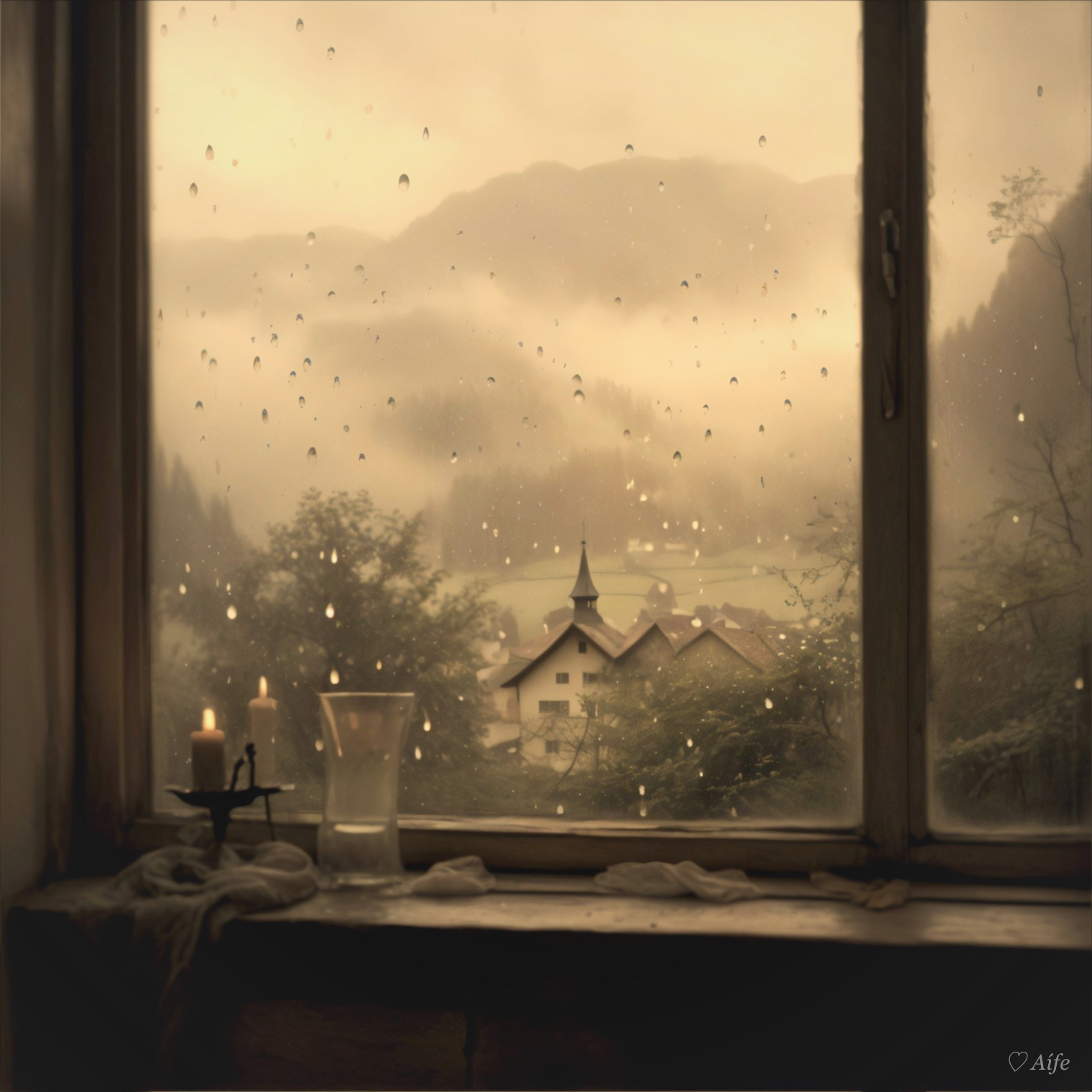 Cozy Cabin Window with Misty Landscape and Candlelight