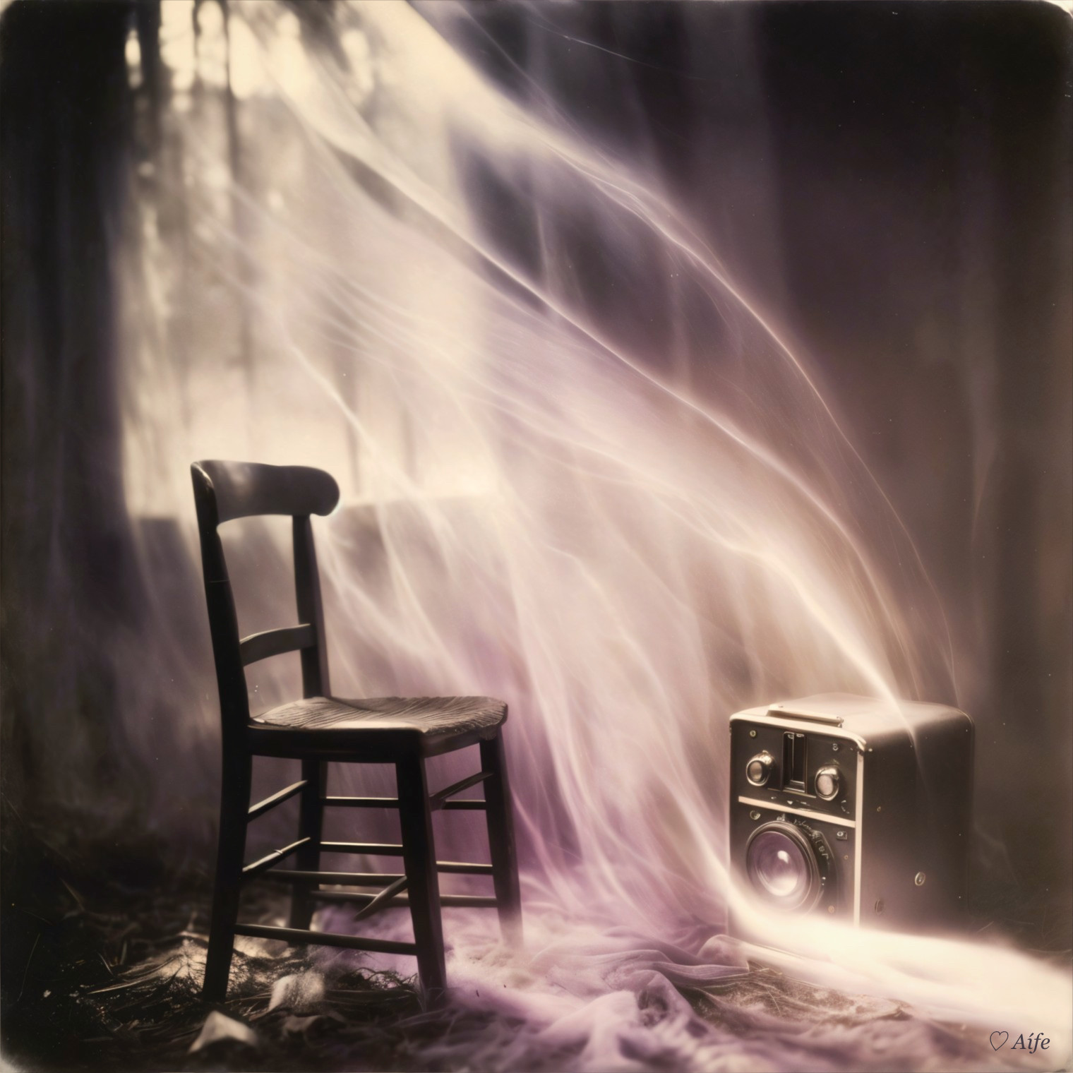 Wooden Chair and Vintage Speaker in Serene Forest