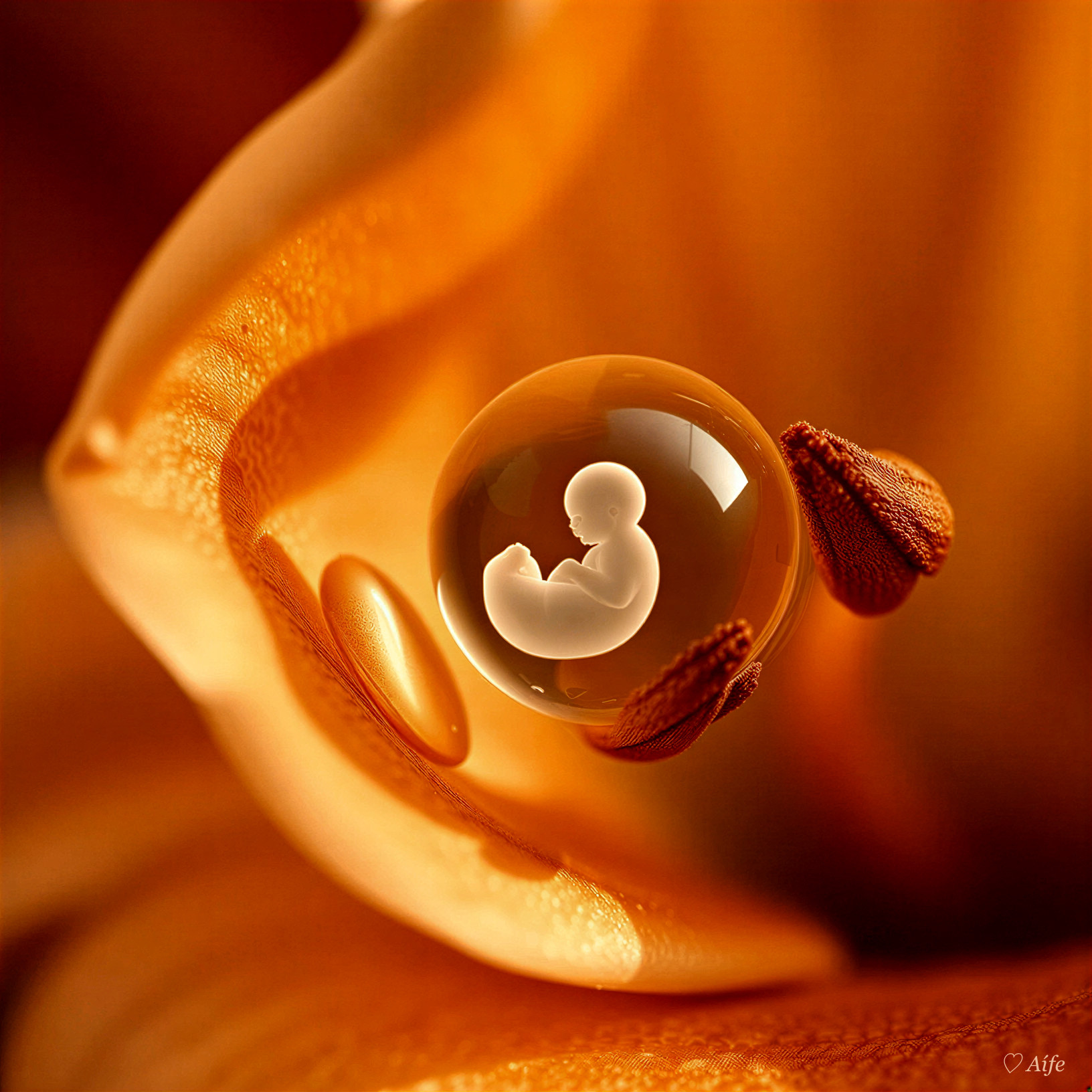 Orange Flower Petal with Water Droplet and Fetus Silhouette