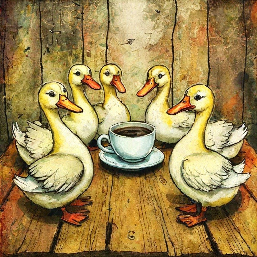 Cheerful Ducks Around Coffee Cup on Wooden Table