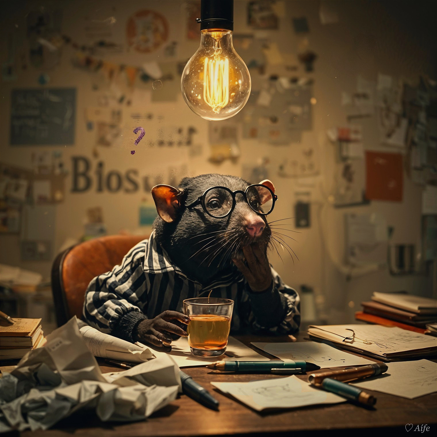 Cartoon Rat in Cluttered Office Setting with Desk Items