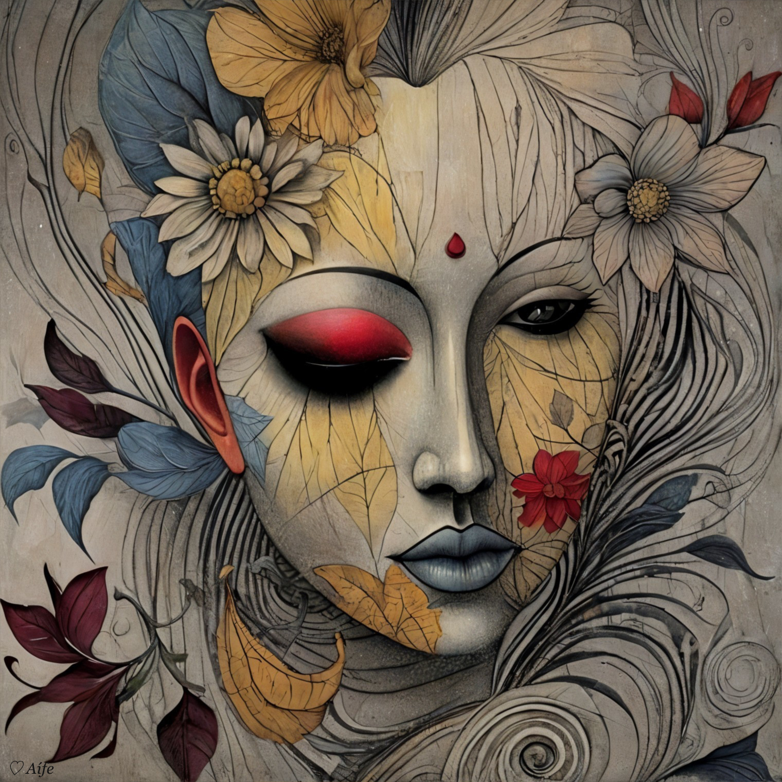 Stylized Woman's Face with Flowers and Leaf Patterns