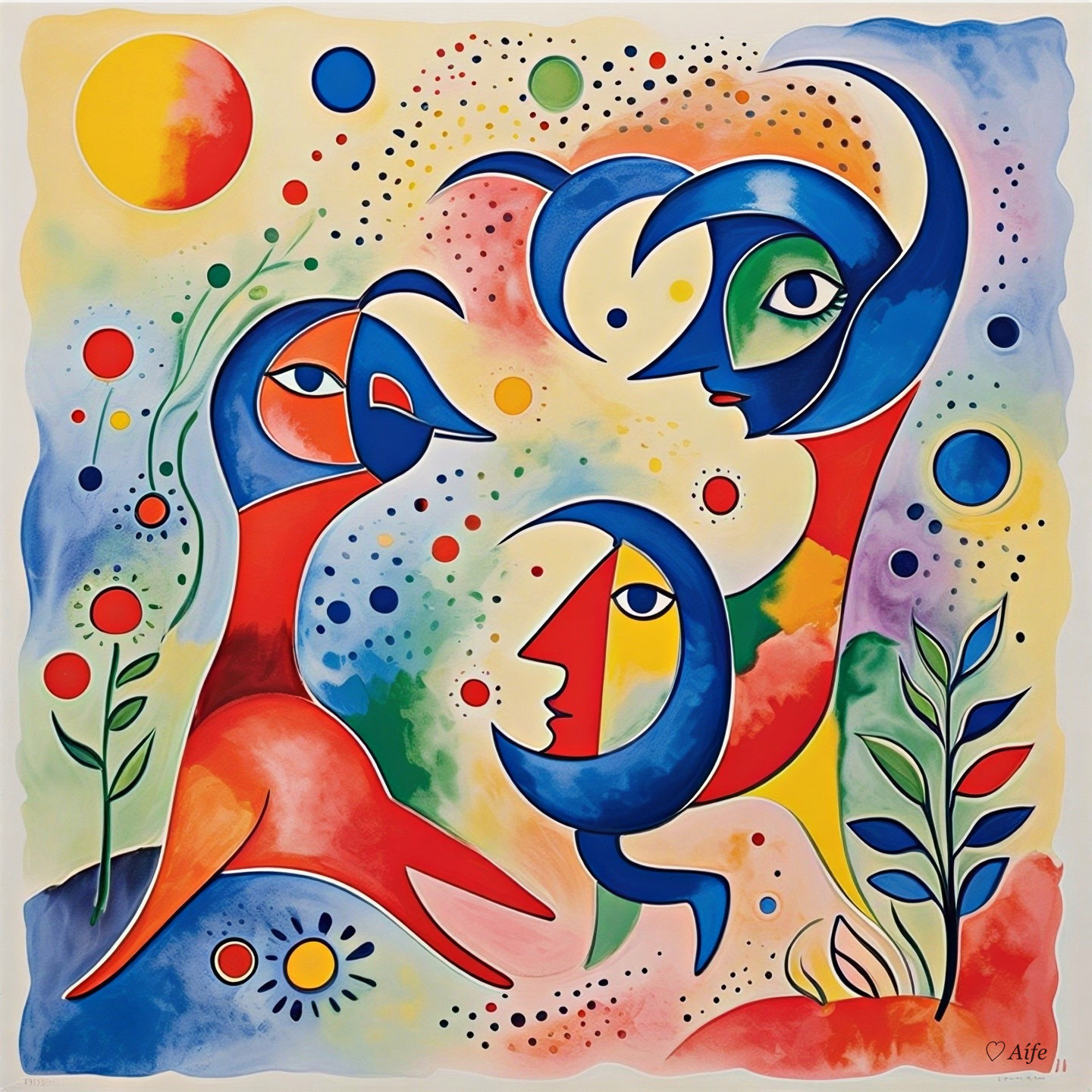 Vibrant Abstract Artwork with Stylized Figures and Shapes