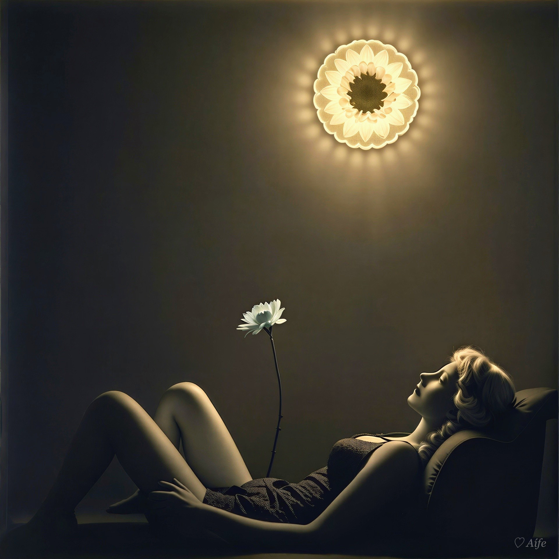 Woman in Armchair with Sunflower Lamp in Dark Studio