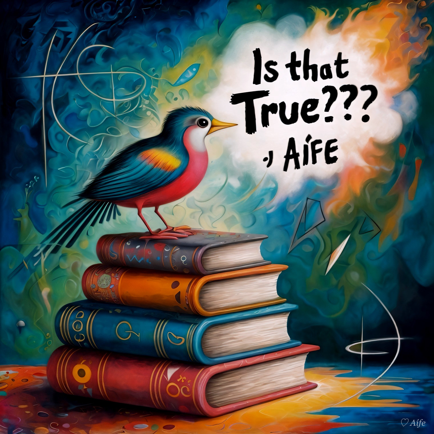 Colorful Bird on Vibrant Books with Abstract Patterns