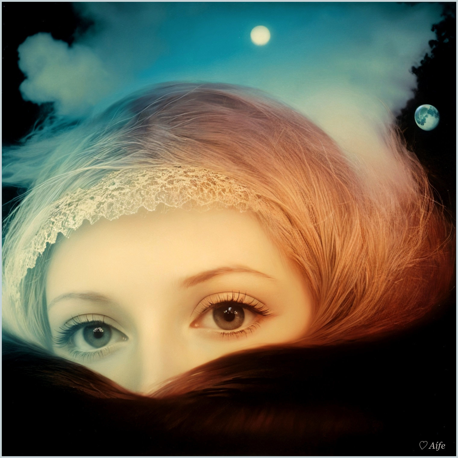 Close-up of a woman's face with celestial backdrop