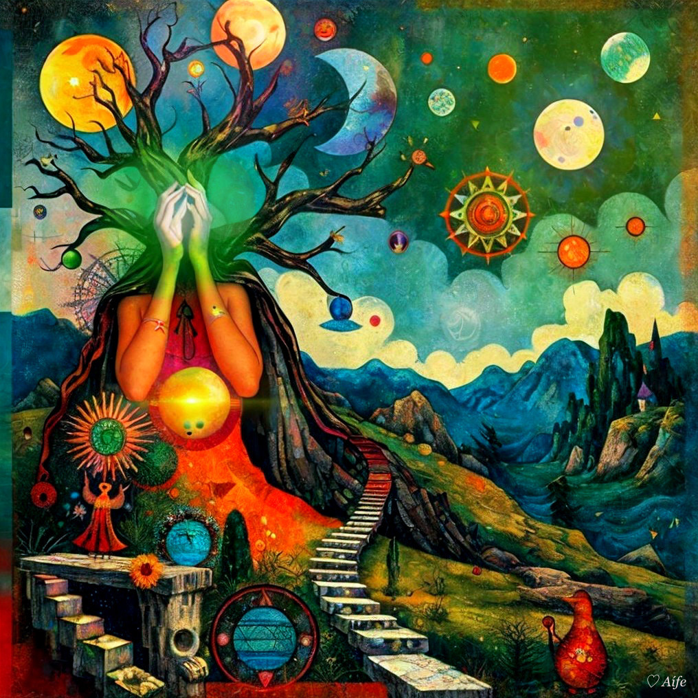 Surreal Landscape with Vibrant Tree and Celestial Bodies