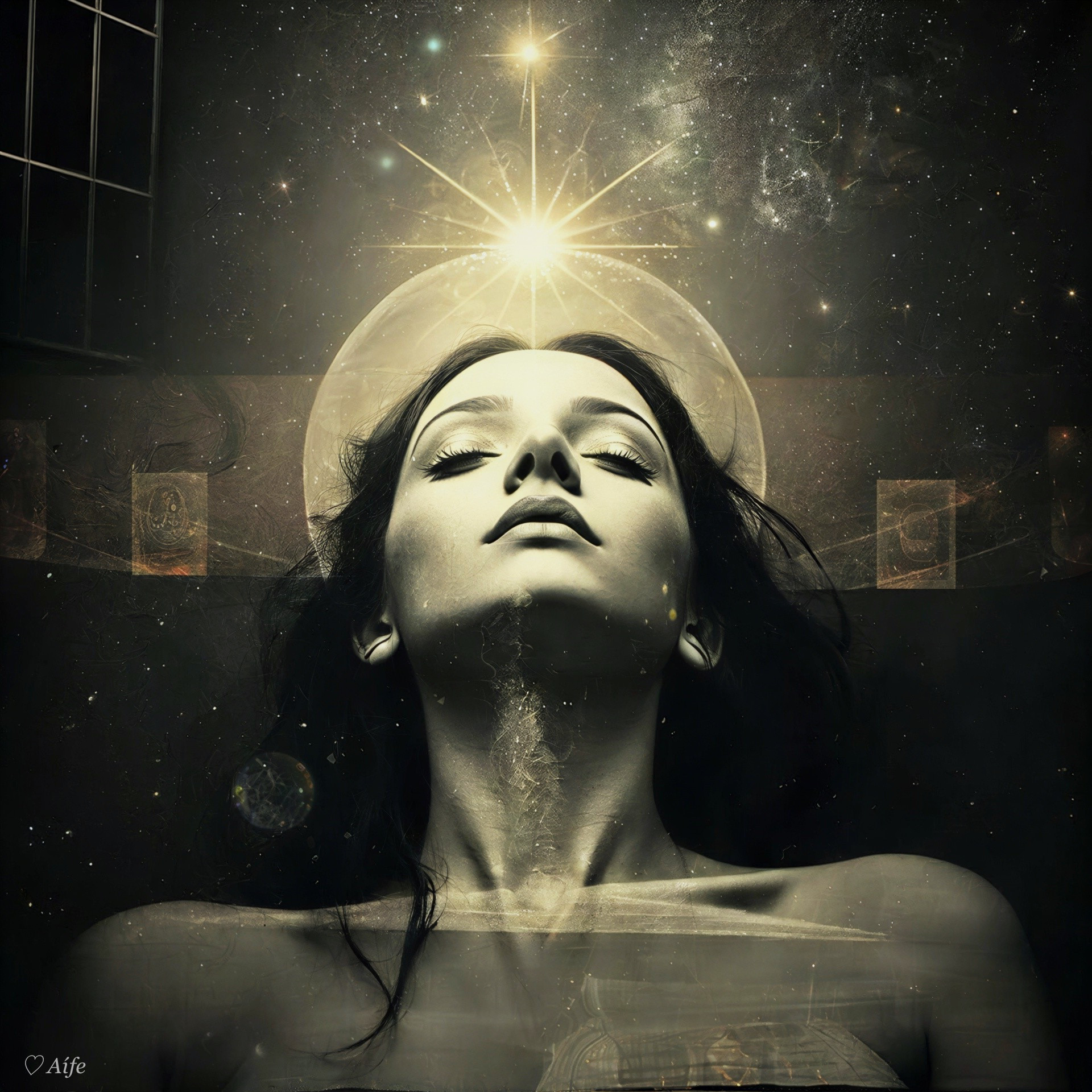 Serene Figure in Cosmic Backdrop with Ethereal Light