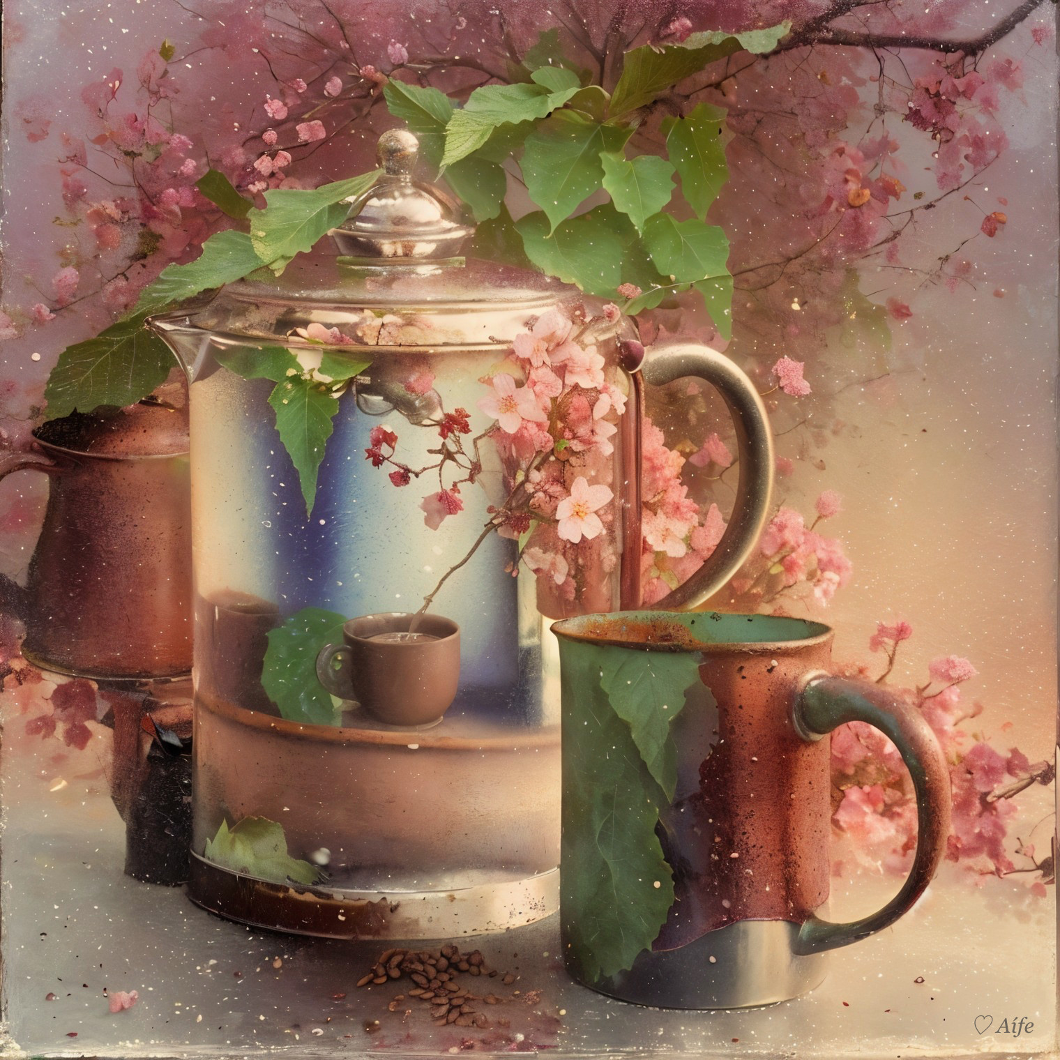 Vintage Silver Teapot with Cherry Blossoms Still Life