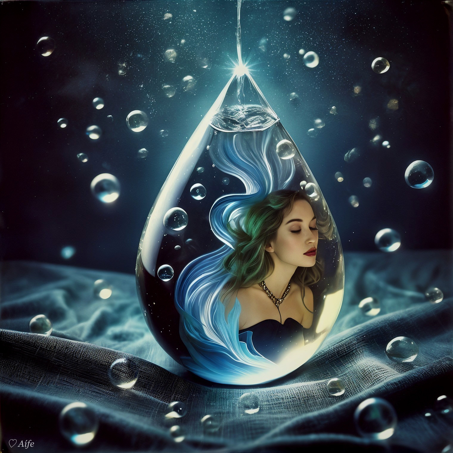 Surreal Teardrop Glass Pendant with Submerged Woman