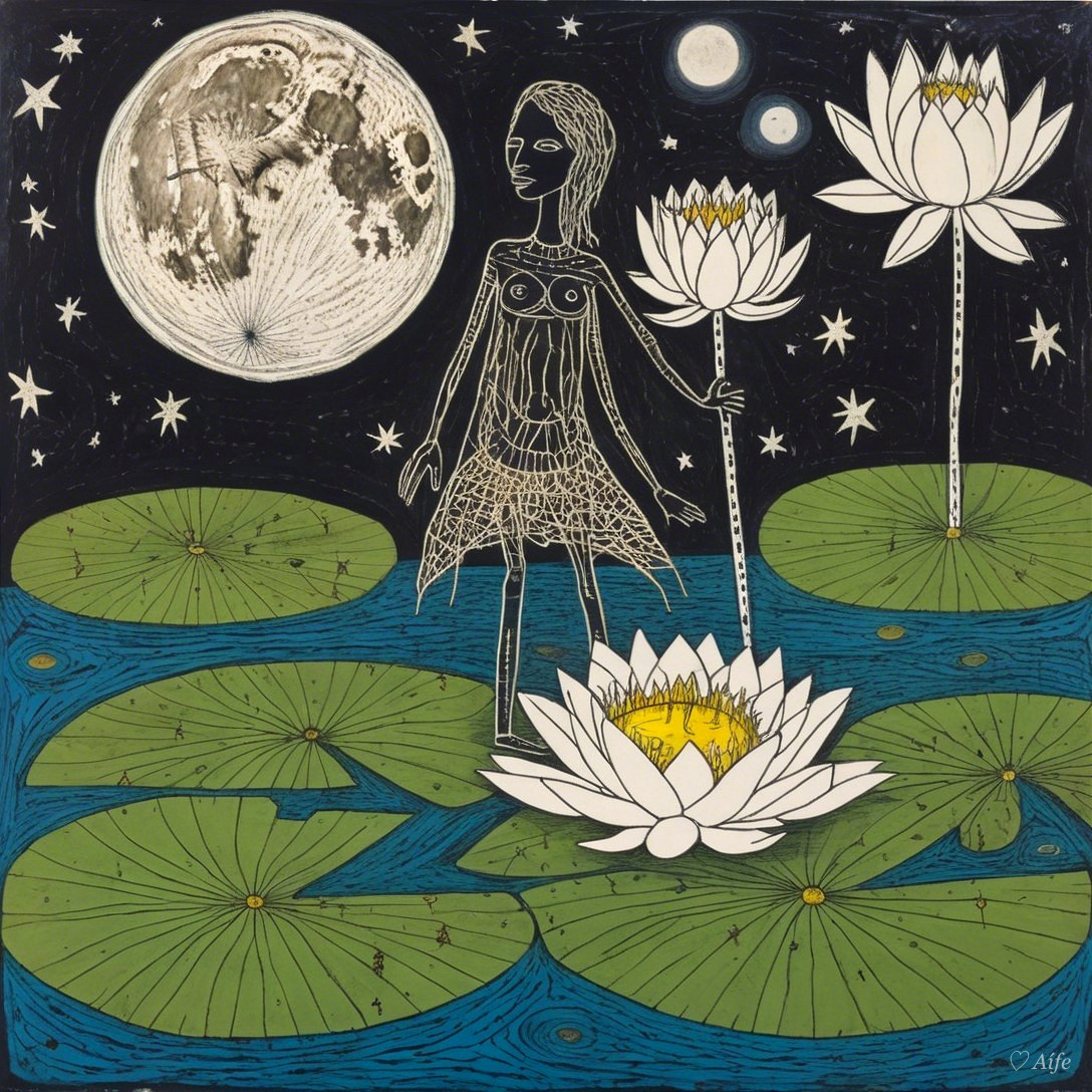 Whimsical folk art drawing of a woman on lily pads