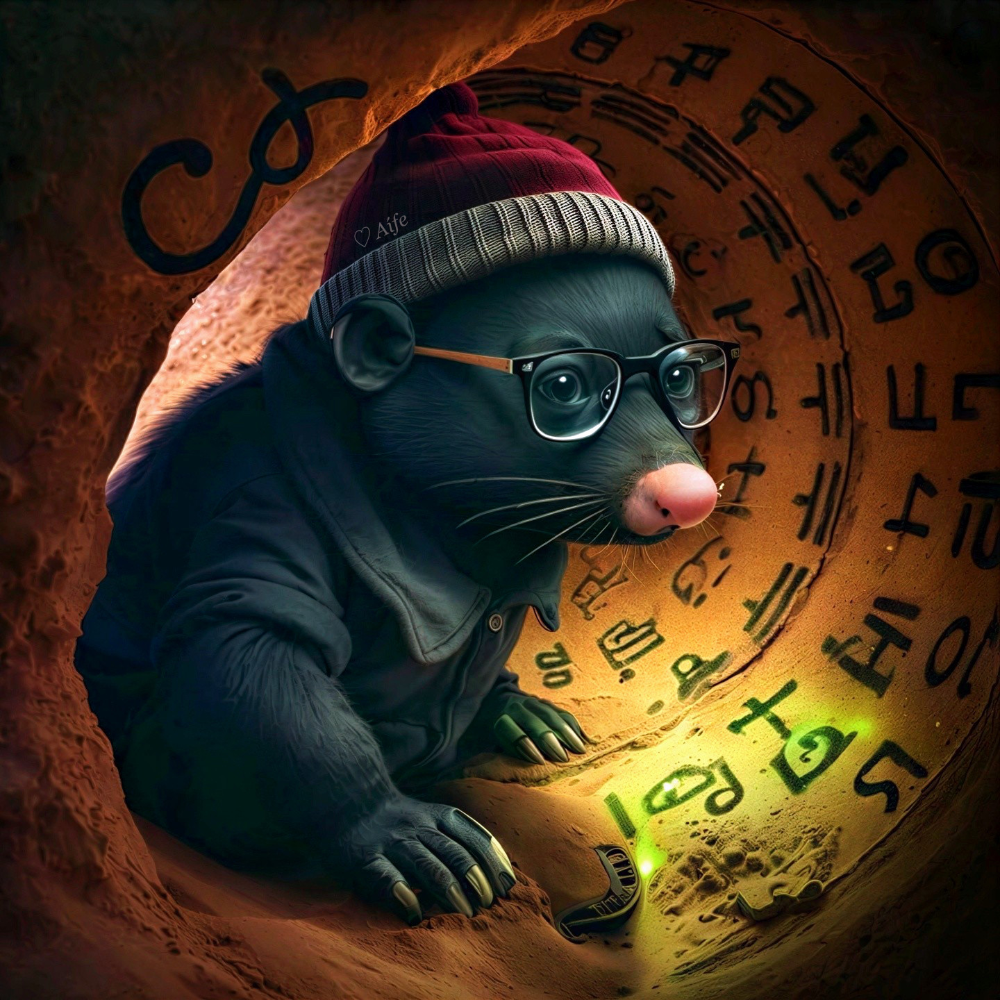 Mole in a Tunnel with Ancient Symbols and Artifacts