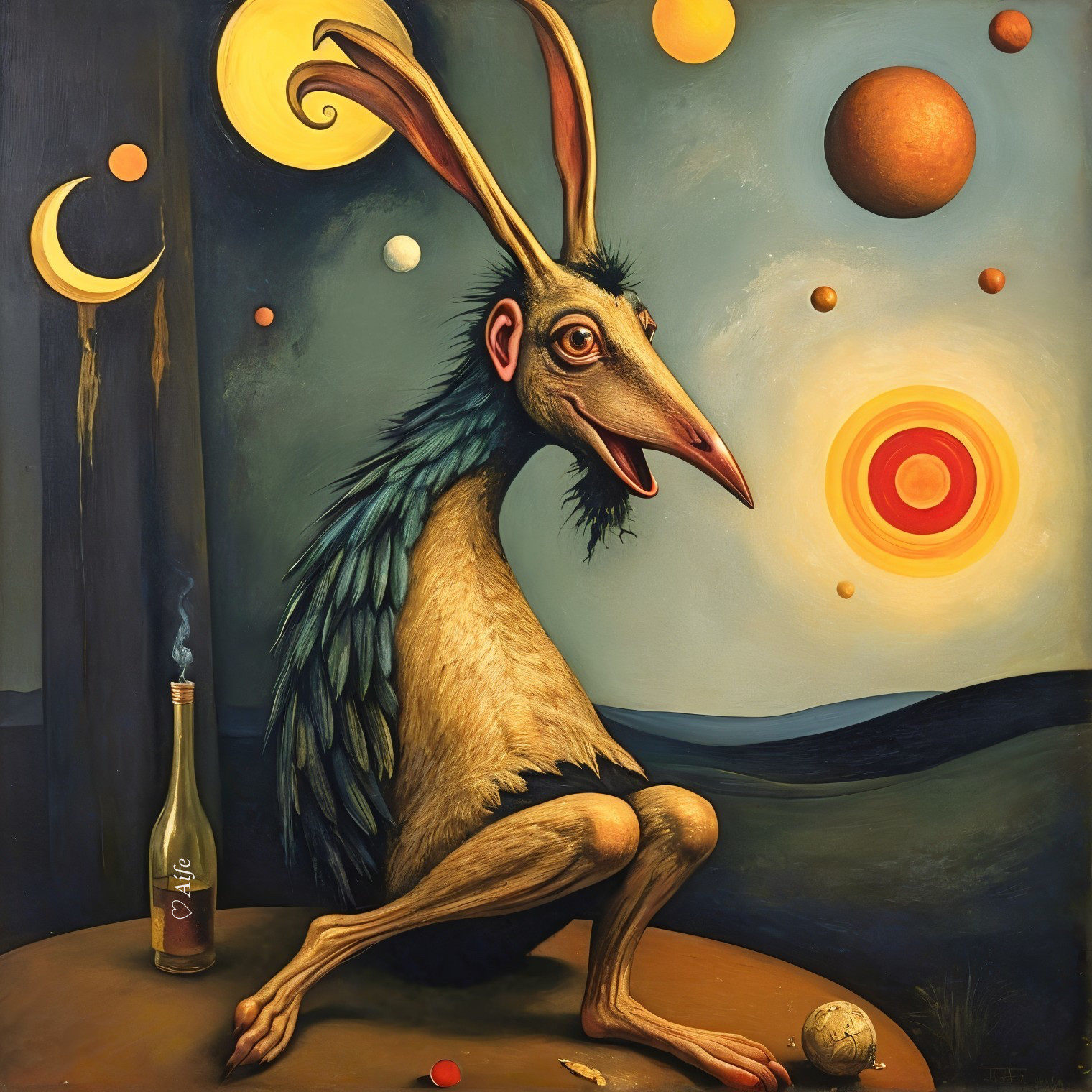 Whimsical creature in surreal landscape with celestial bodies