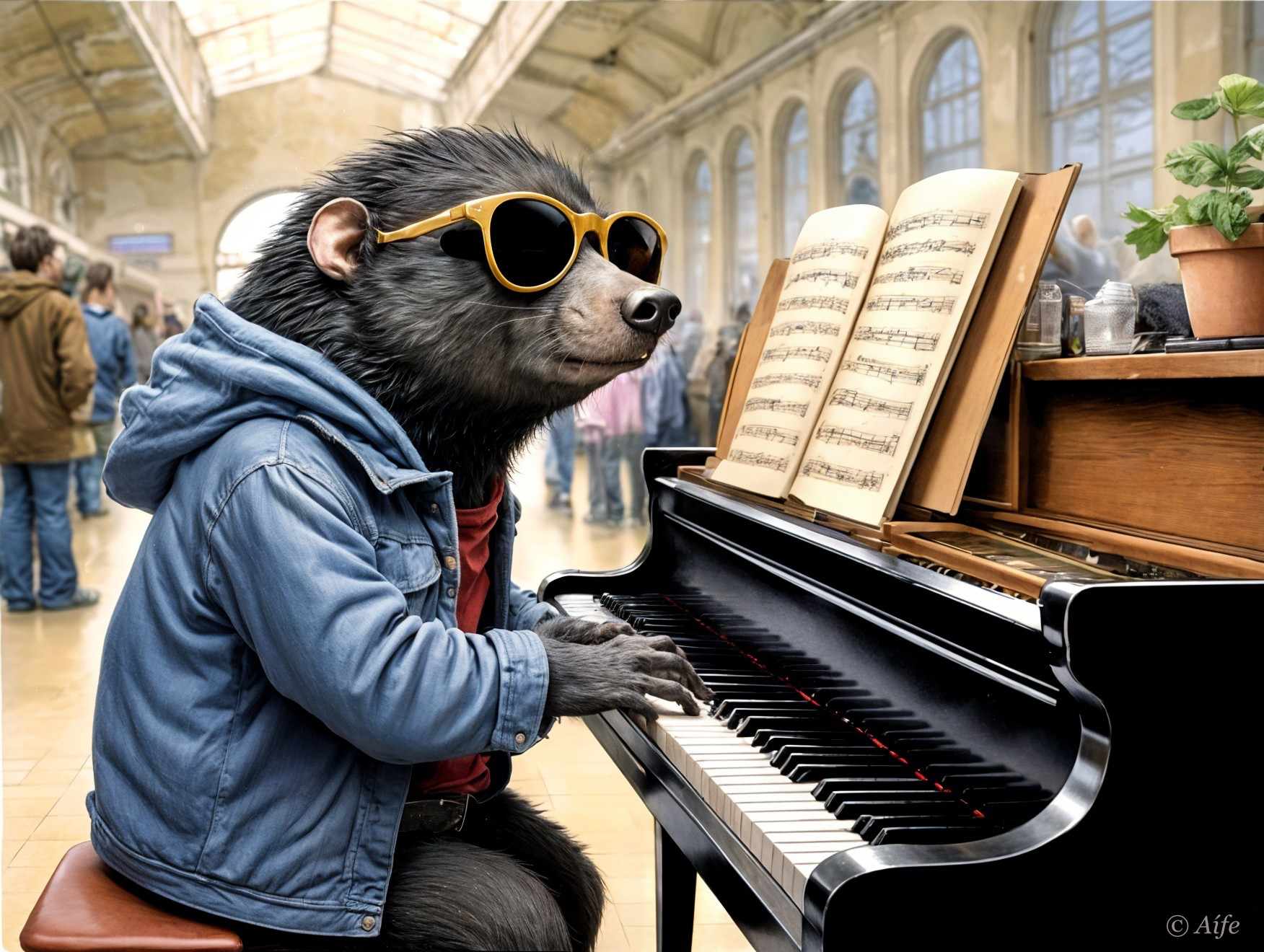 Bear-like Figure Playing Piano in Train Station