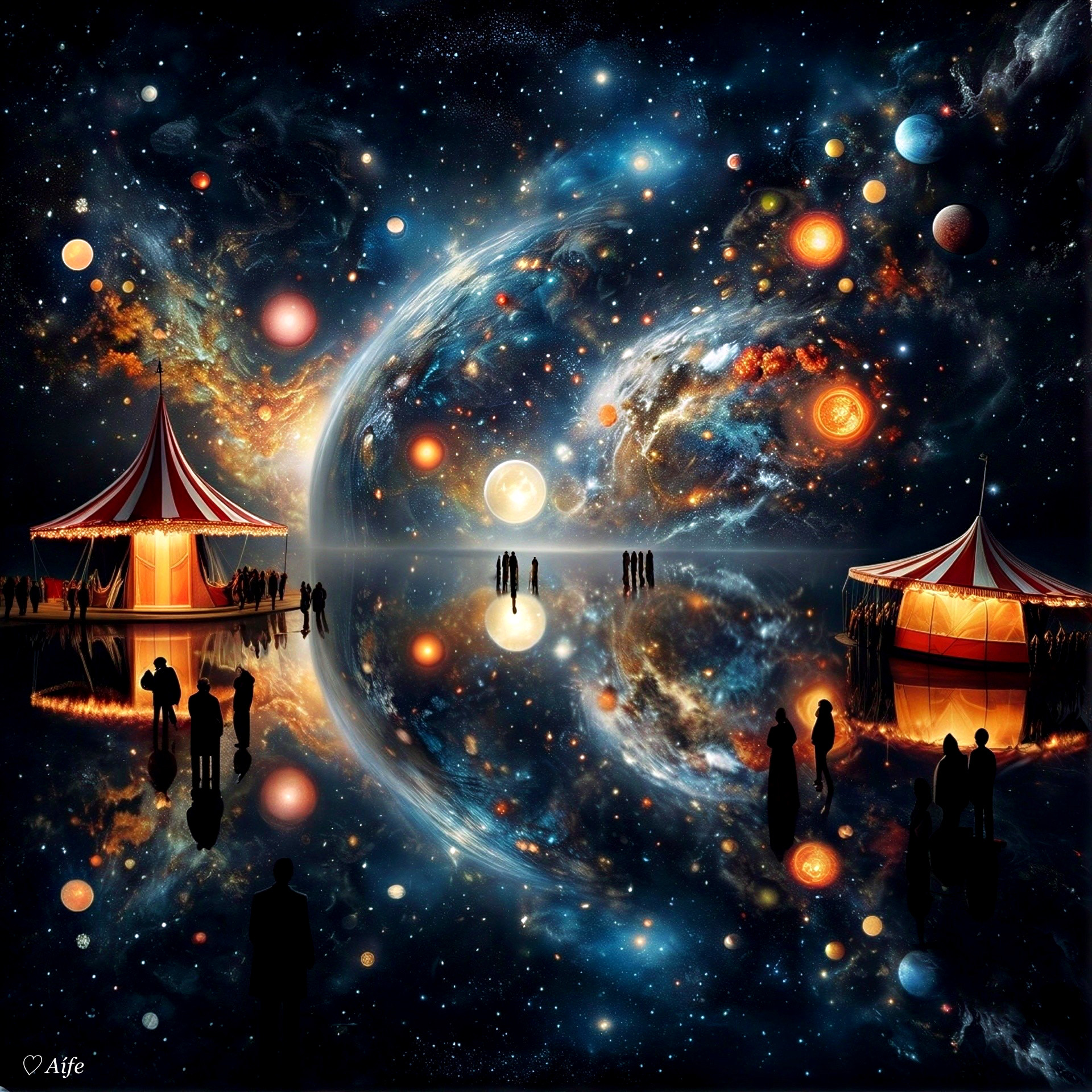 Surreal Cosmic Carnival with Vibrant Tent Structures