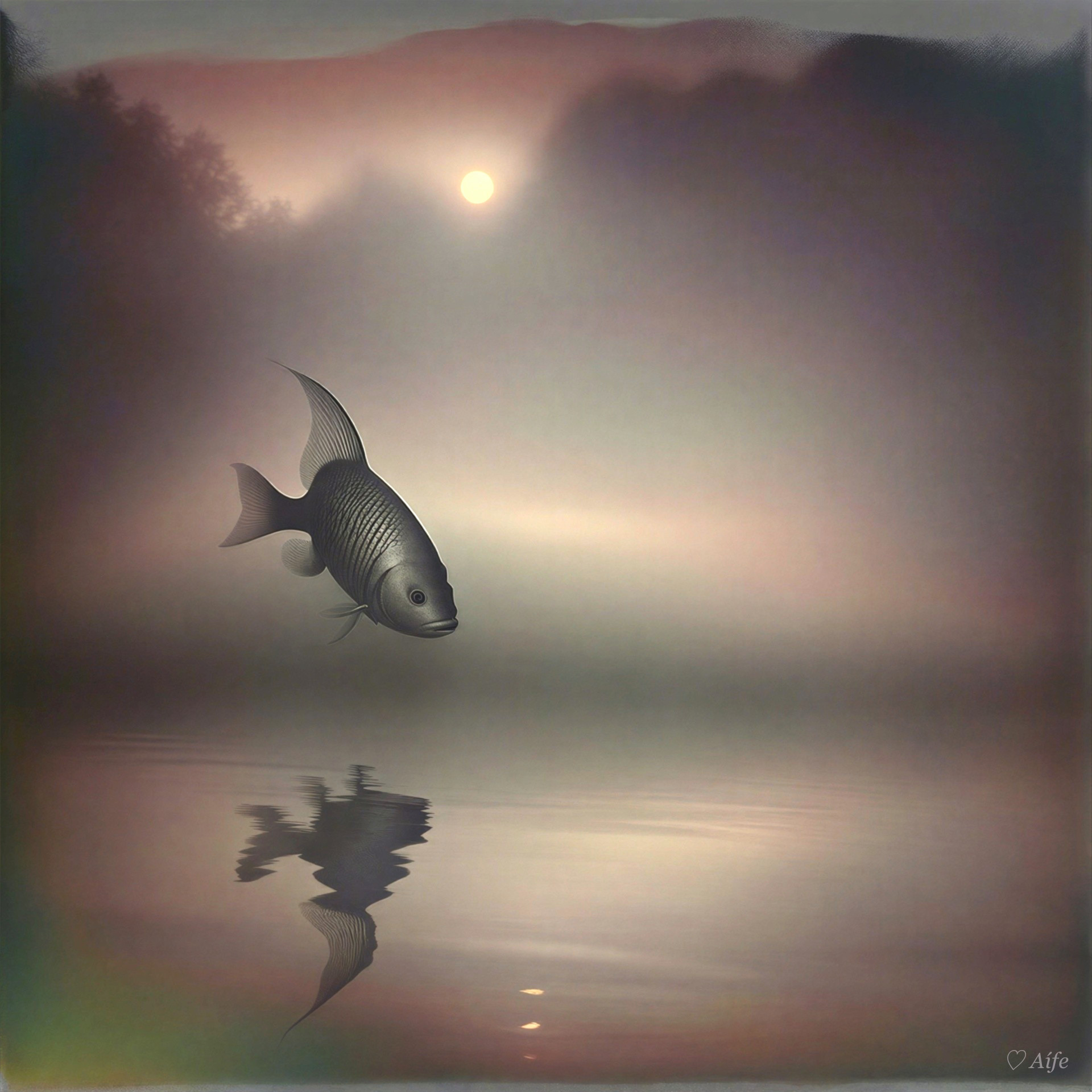 Stylized Illustration of Fish Above Calm Water Surface