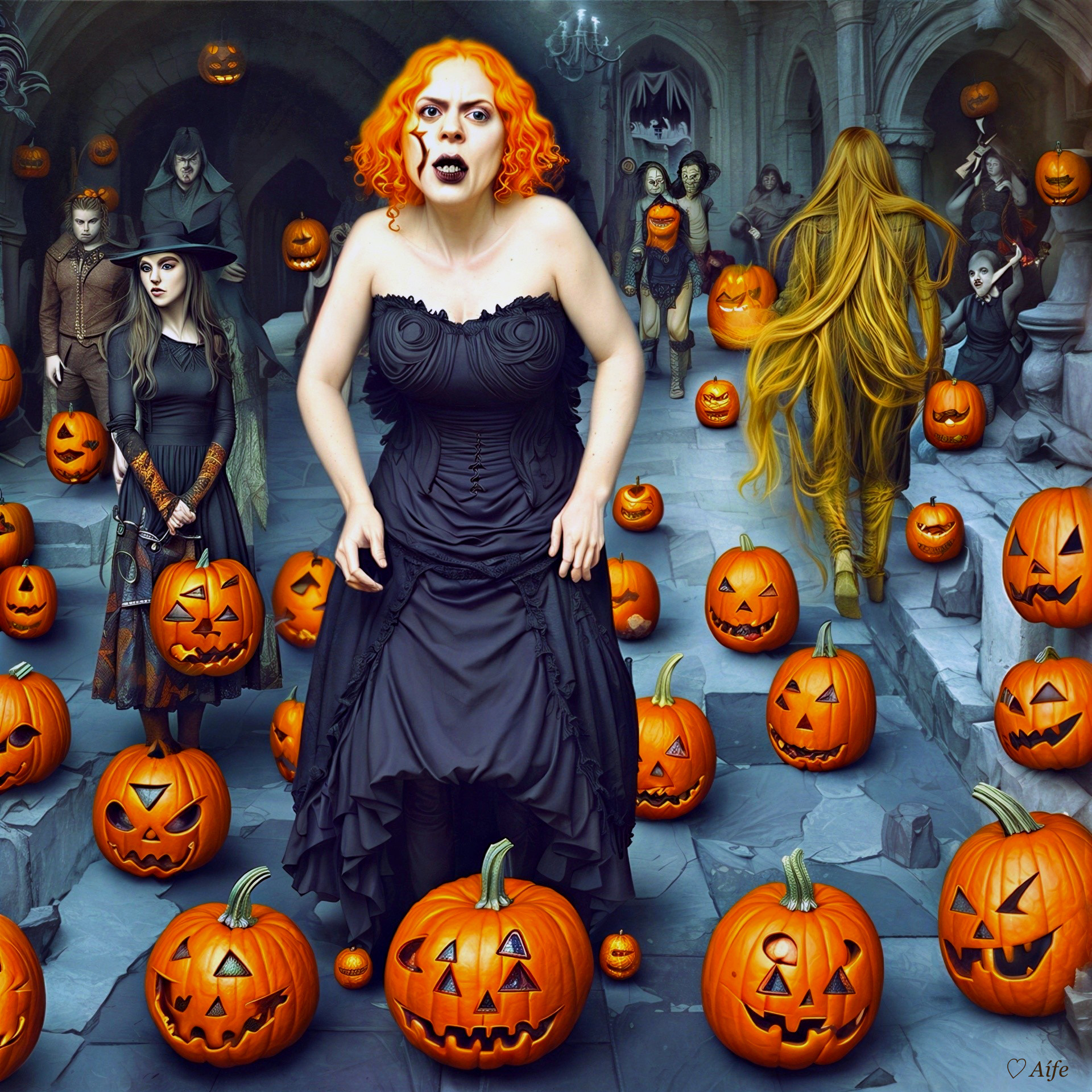 Gothic Woman with Orange Hair in Spooky Castle Scene