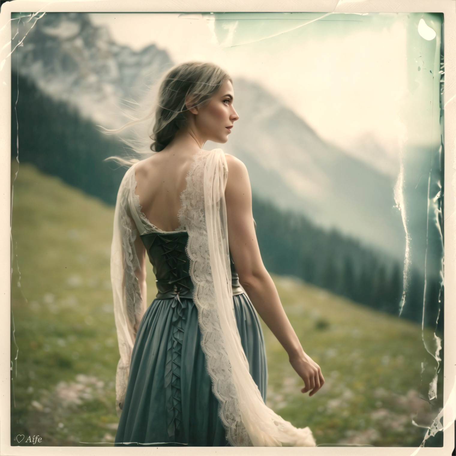 Young woman in flowing gown in a misty meadow