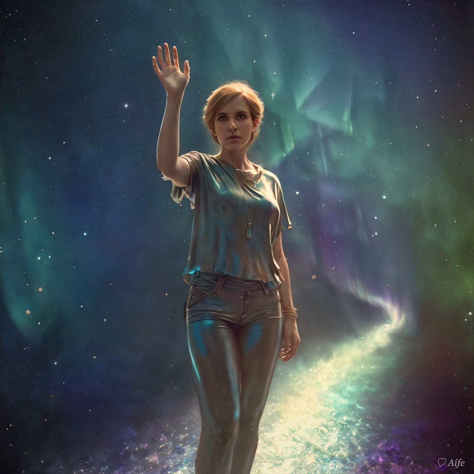 Woman in Metallic Outfit in Cosmic Setting