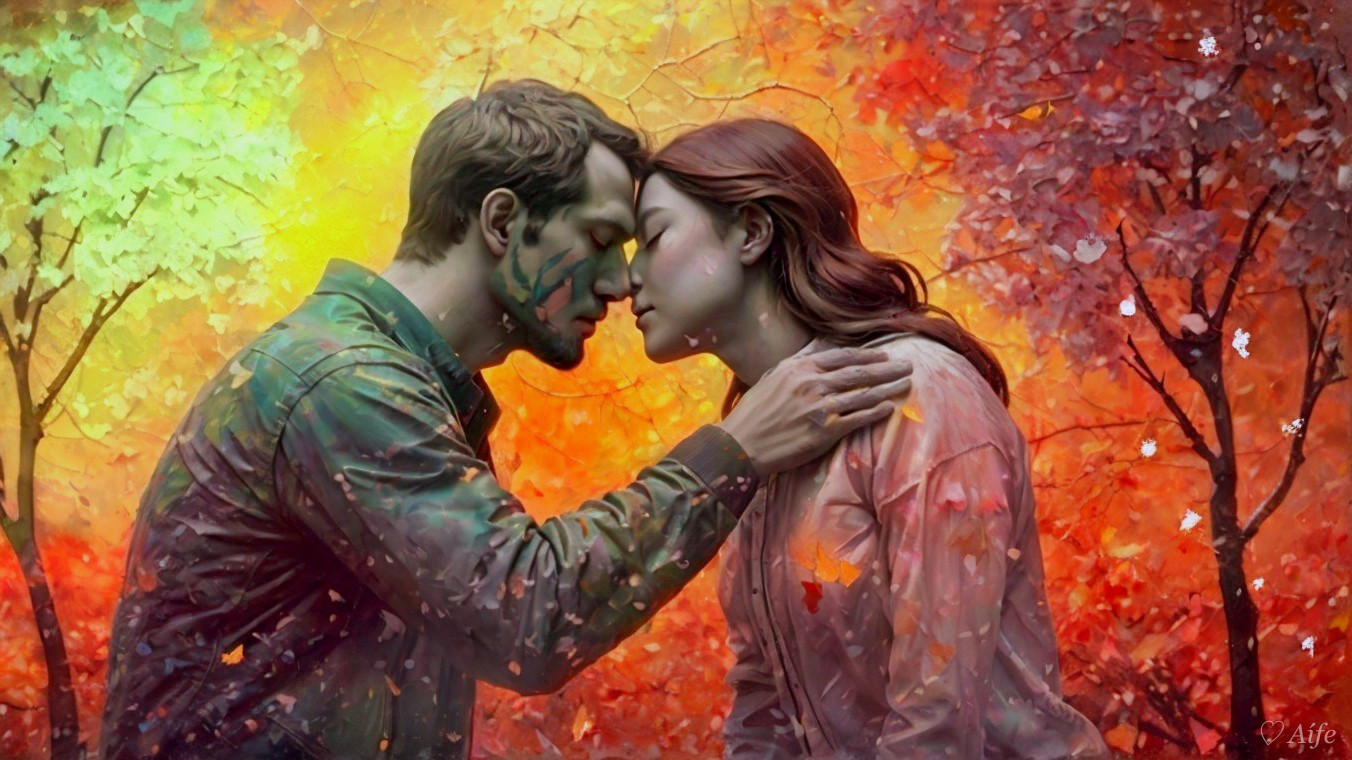 Couple Kissing in Vibrant Autumn Foliage Setting