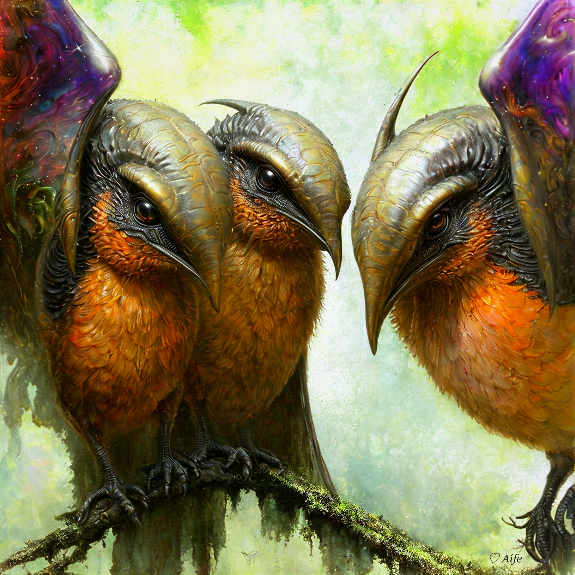 Vibrant Birds with Unique Beaks in Mystical Forest