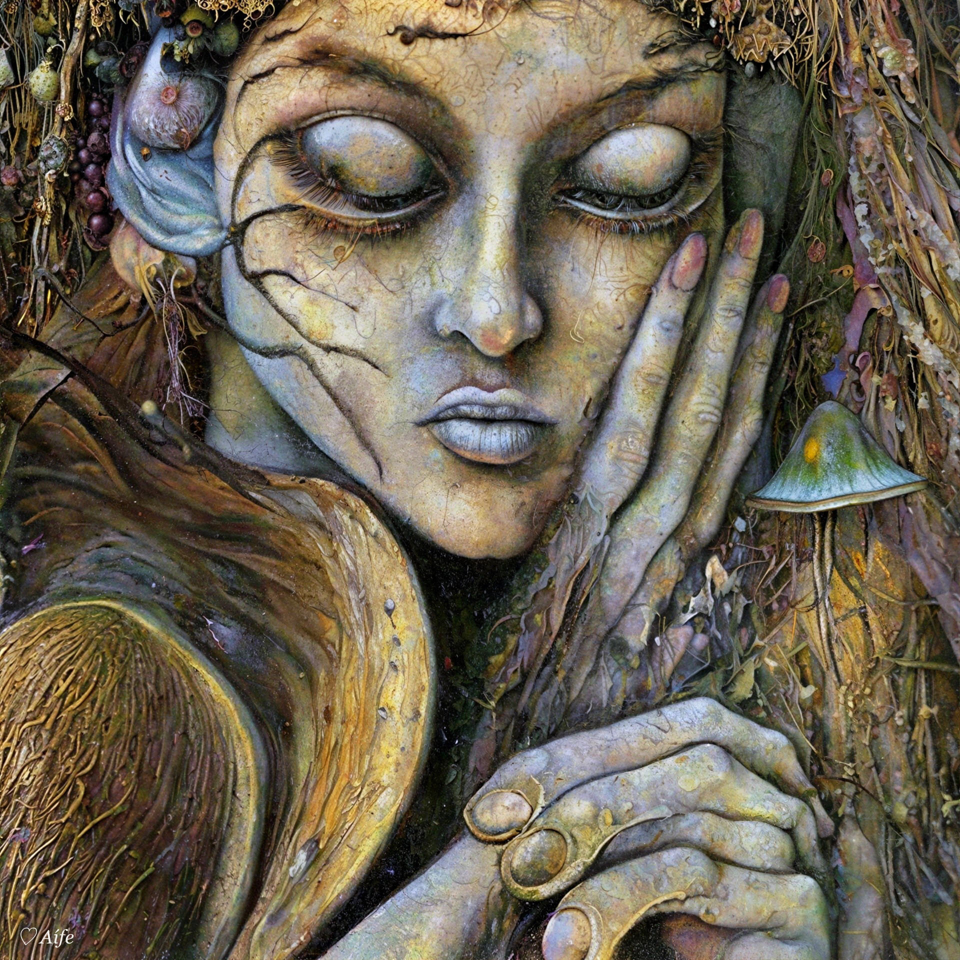 Mystical Figure Blending Human and Organic Elements