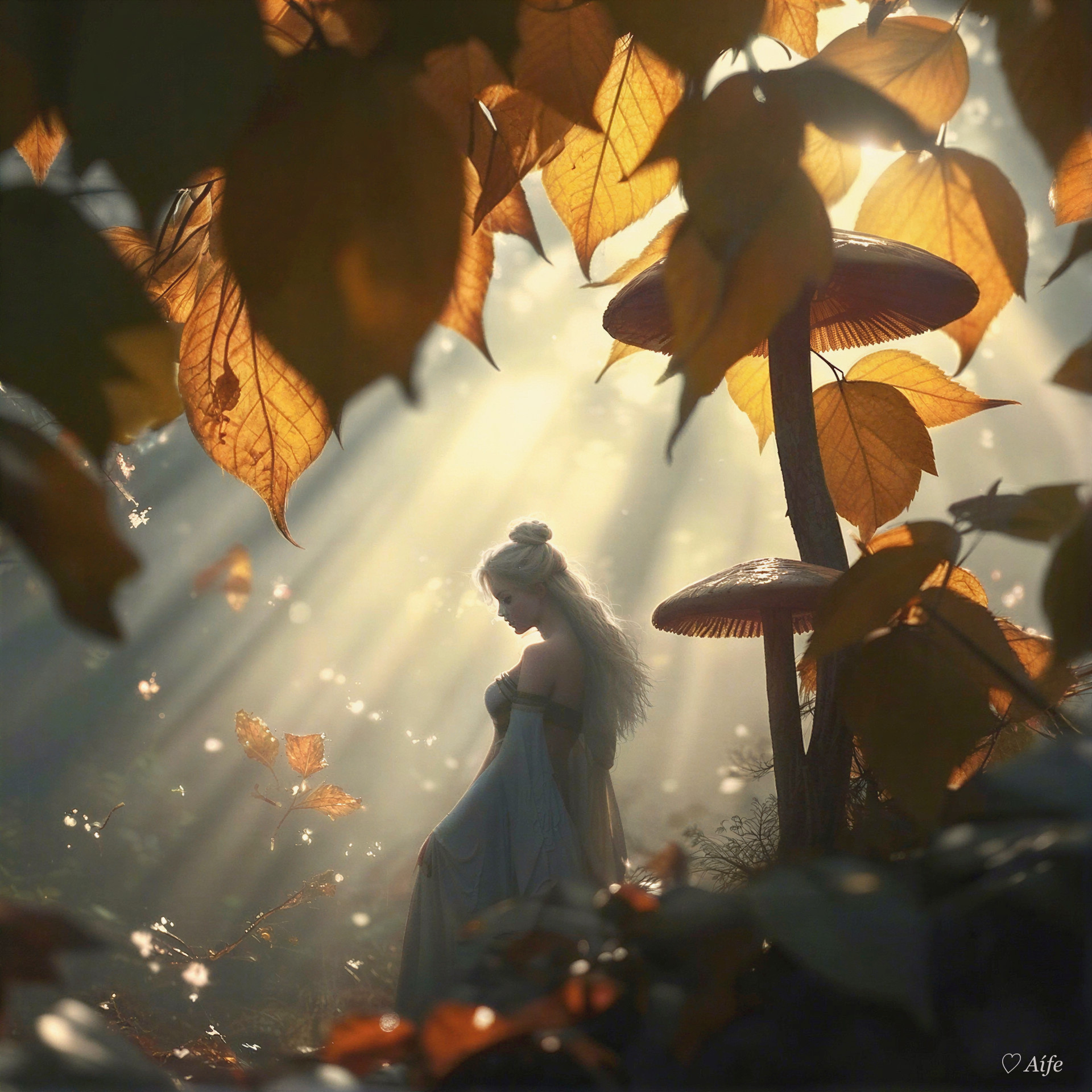 Serene figure in a mystical forest with autumn leaves