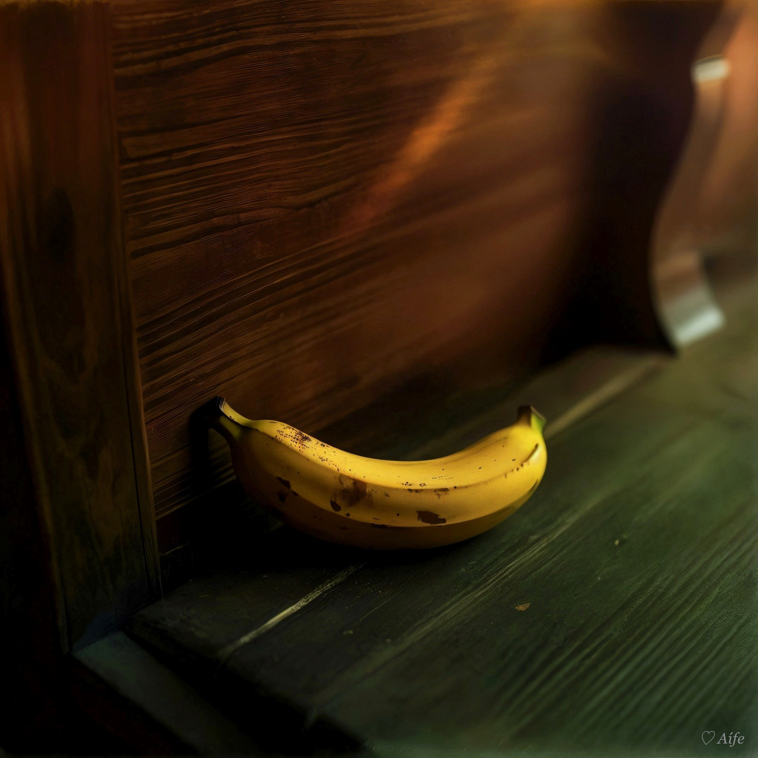 Ripe Banana on Dark Wooden Surface with Soft Lighting