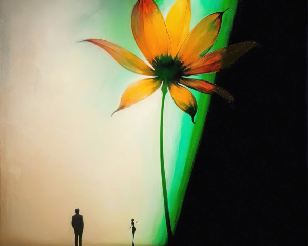 Vibrant Flower and Silhouetted Figures in Nature