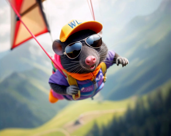 Cartoon Rat Paragliding Over Scenic Mountain Landscape