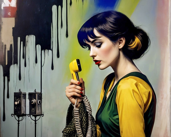 Glamorous Woman with Vintage Yellow Telephone and Colors