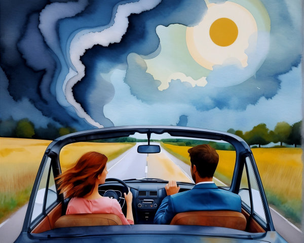 Couple in Convertible on Scenic Road with Dramatic Sky