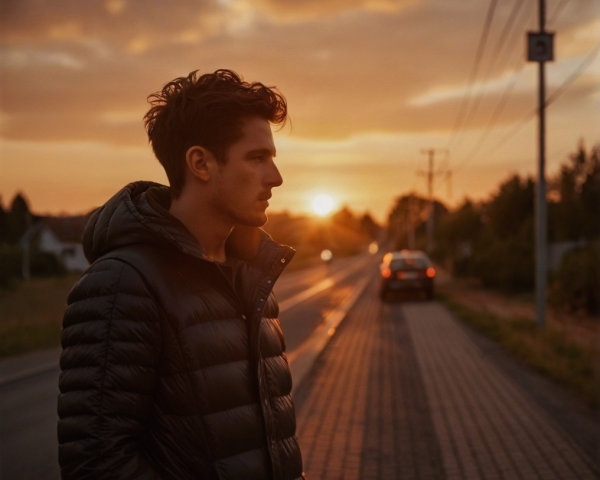 Young man in black jacket by roadside at sunset