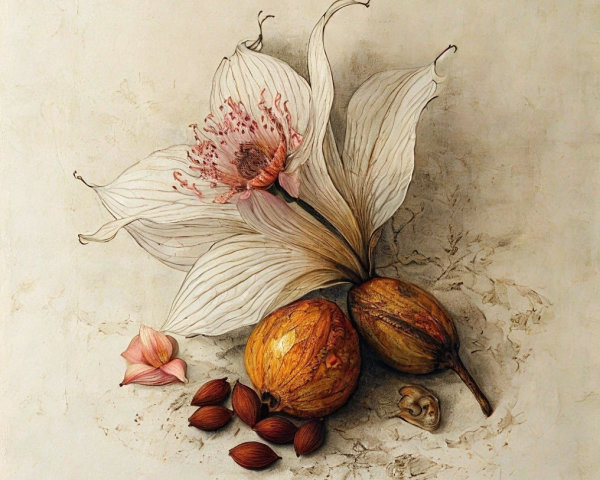 Delicate Flower with Pink Center and Earthy Fruits
