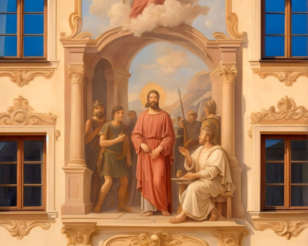 Ornate Mural Depicting Biblical Scene on Building Façade