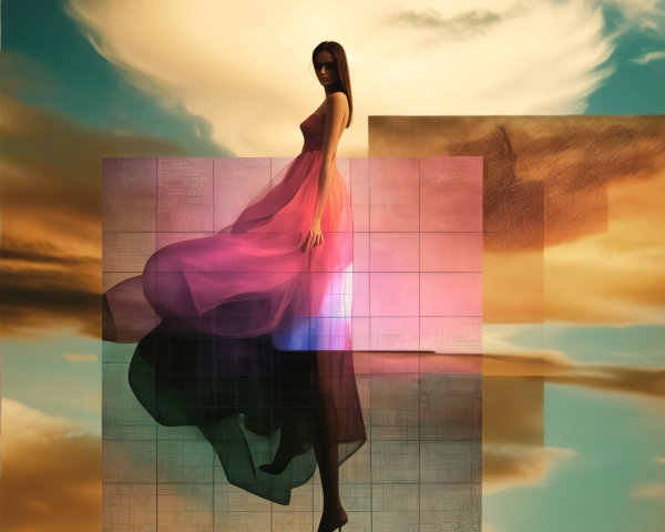 Surreal Scene of Woman in Flowing Dress and Geometric Shapes