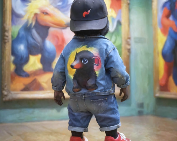 Child in Art Gallery with Colorful Animal Paintings