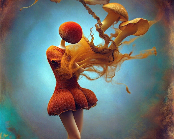 Whimsical Figure with Mushroom Head and Colorful Fungi