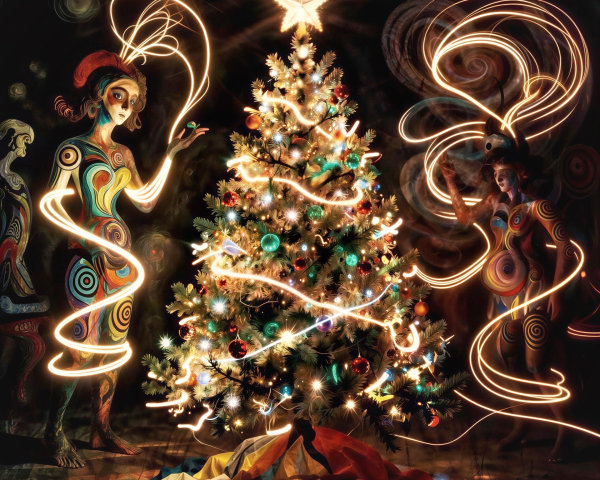 Abstract Females with Tattoos Beside Christmas Tree